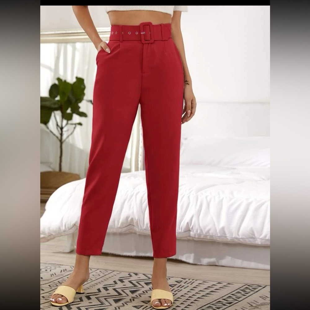Red Belted Cropped Tailored Professional Pants for Work